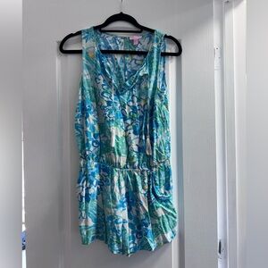 Lilly Pulitzer Tybee Sleeveless Romper in Blue and Green, Tasseled Ties